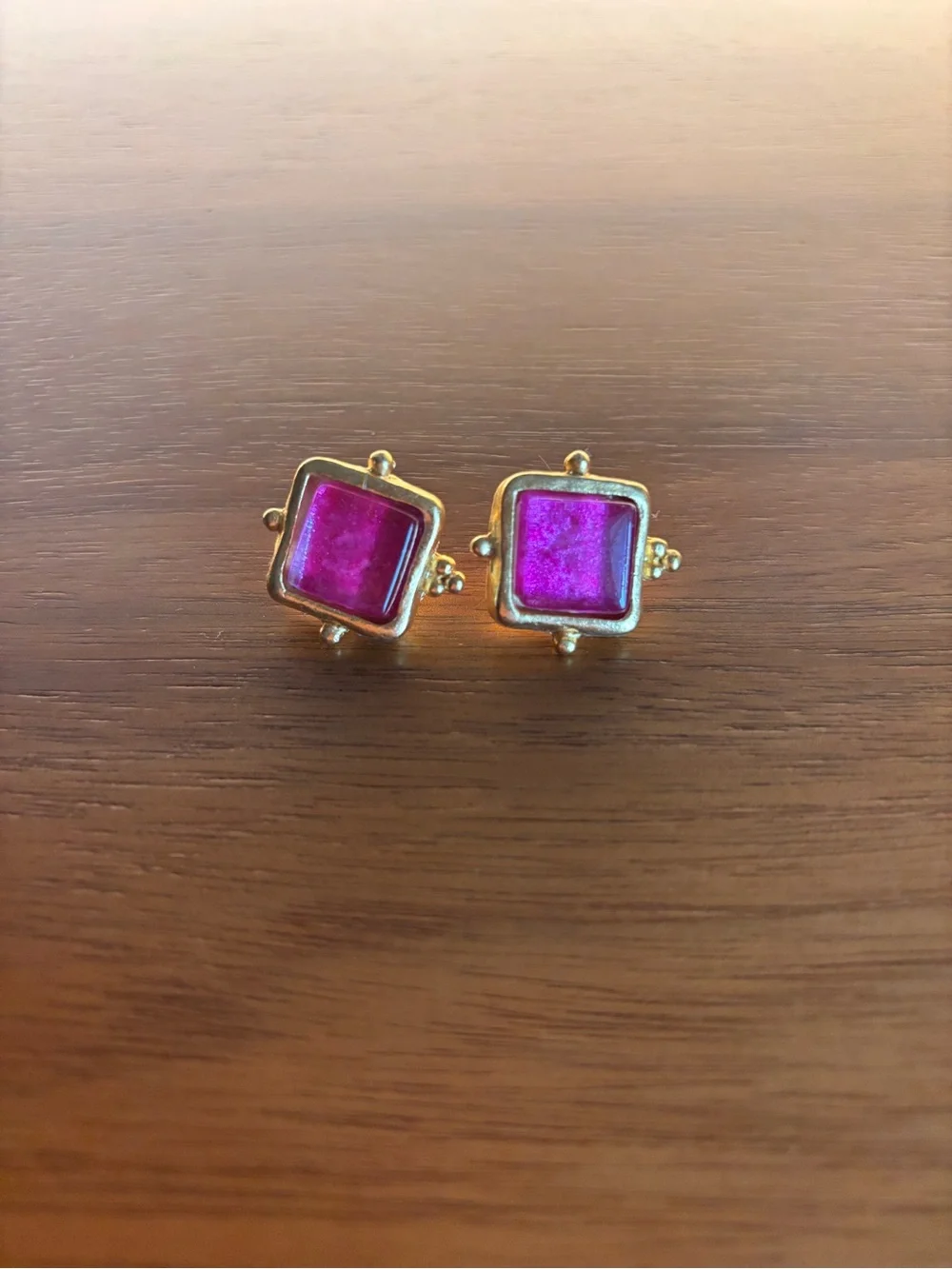 Susan Shaw Gold Square Pink Glass Stud Earrings